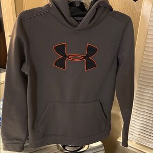 Under Armour Charcoal Hoodie with Vibrant Orange Emblem, Gently Worn, Smoke Free